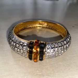 Vintage Gold Tone Signed “Replica” Hinged Clamper bangle jeweled Bracelet
